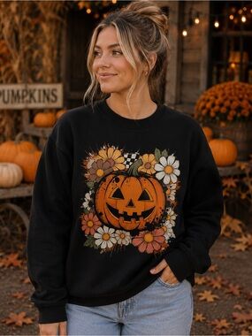 Black Halloween Pumpkin Graphic Sweatshirt for Women